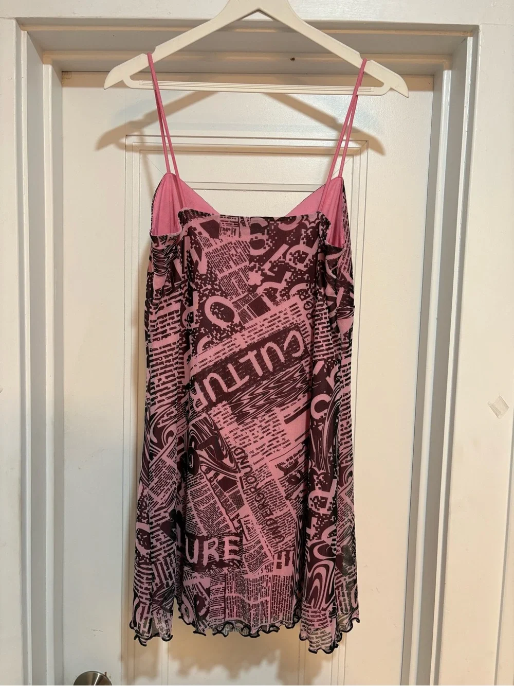 Urban Outfitters UO Elodie Mesh Slip Dress Newspaper Print Pink Black Size Large